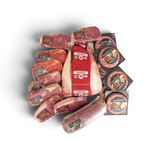 Premium Wagyu, Pure Angus, and grass-fed beef cuts with burger patties, vacuum-sealed for freshness