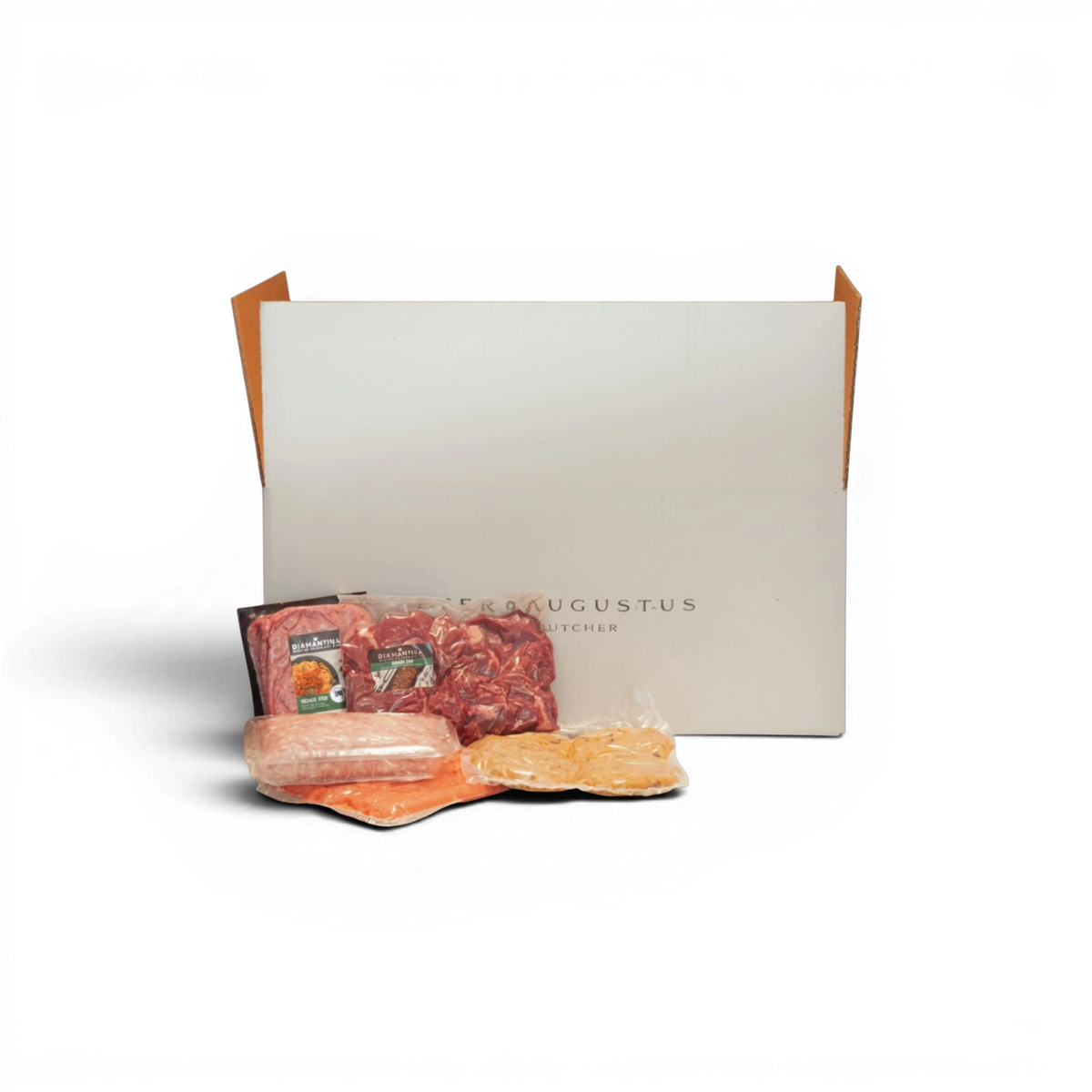 Fresh beef, pork, and chicken cuts in vacuum-sealed packs from Peter Augustus Butcher, ready for delivery.