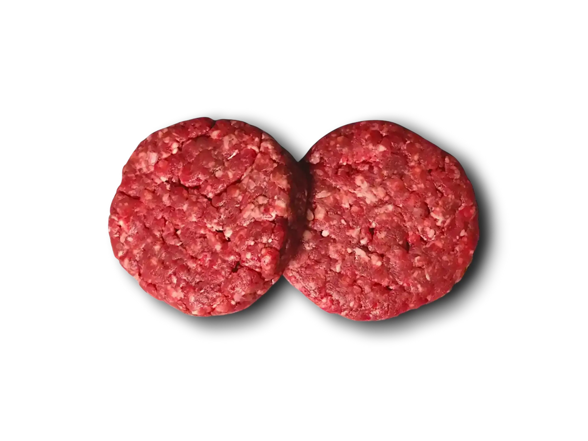 Two fresh raw beef burger patties, premium ground beef for grilling, ideal for homemade burgers