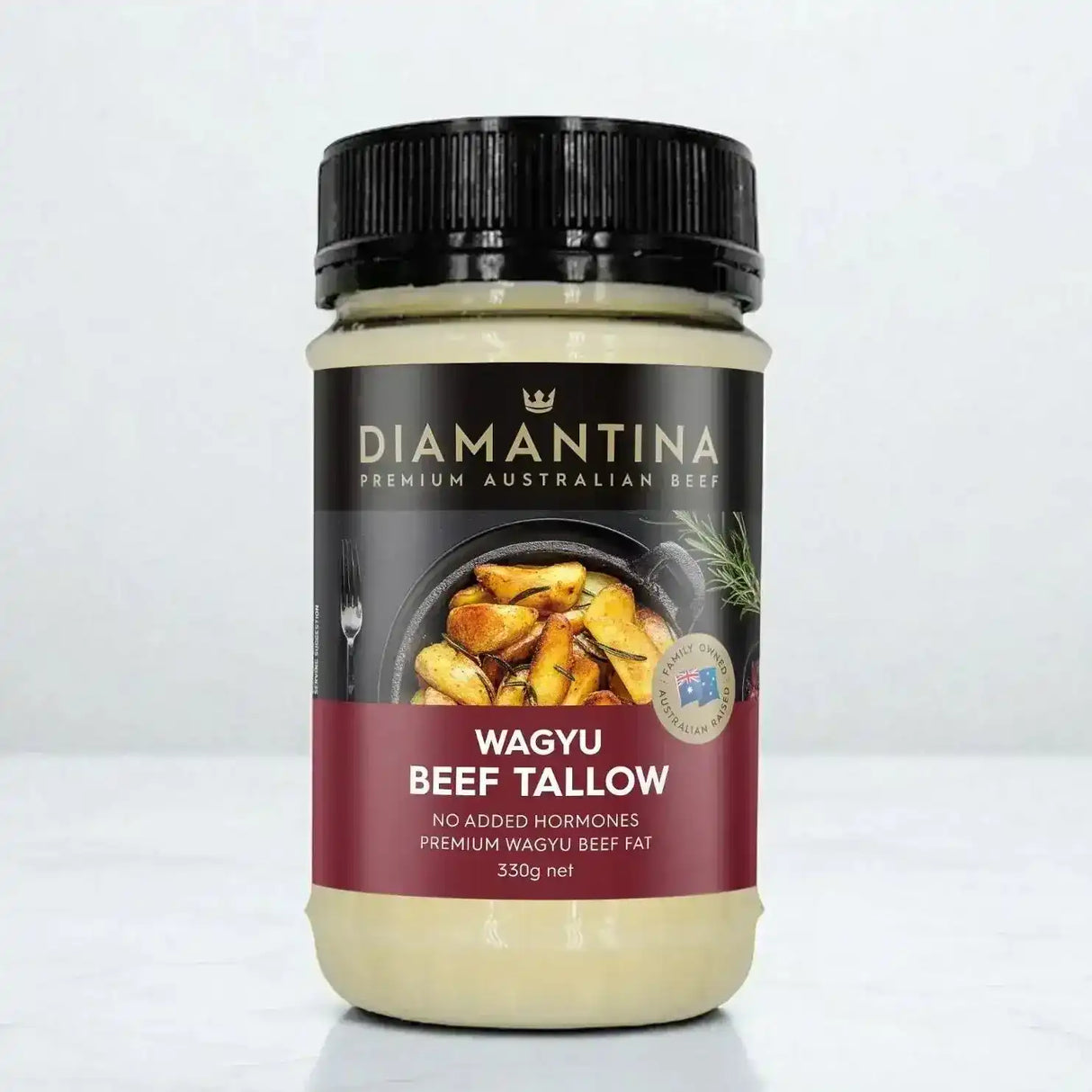 Jar of Diamantina Wagyu beef tallow, premium Australian beef fat, 330g on white background