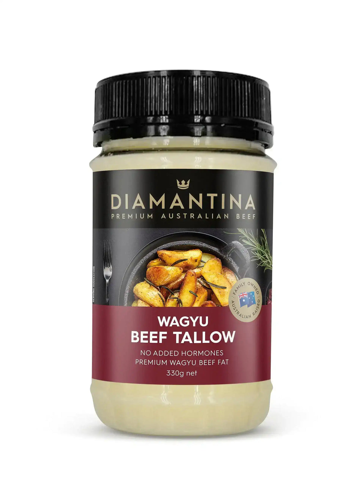 Jar of Diamantina wagyu beef tallow with image of roasted potatoes on label