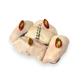 Raw duck breasts with red and green pepper slices on a transparent background