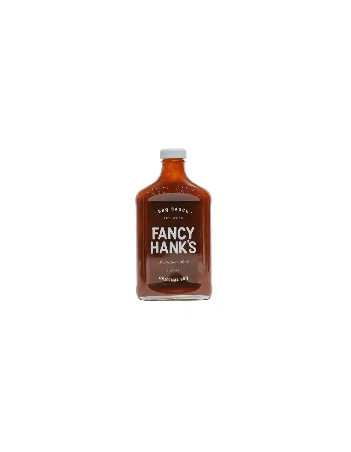Bottle of Fancy Hank's Original BBQ Sauce, Australian made, isolated on white background