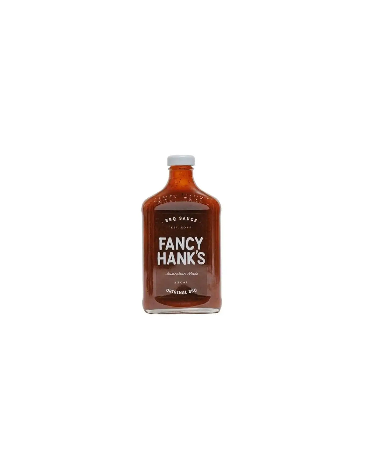 Bottle of Fancy Hank's Original BBQ Sauce, Australian made, isolated on white background