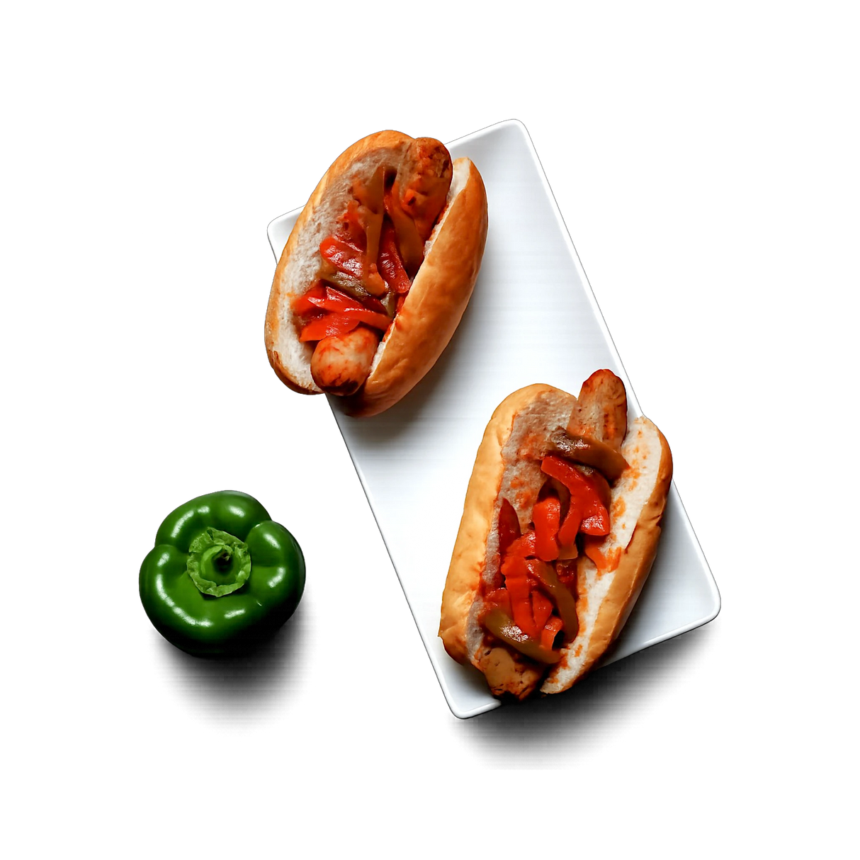 Two hot dogs in white buns topped with red peppers and onions, arranged on a white rectangular plate with a whole green bell pepper on a white background.