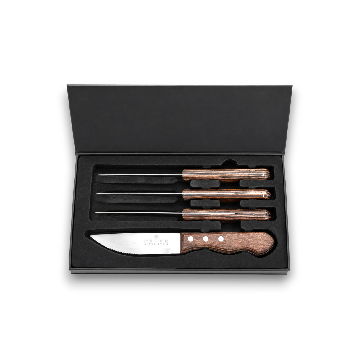 Set of steak knives with wooden handles in a black box