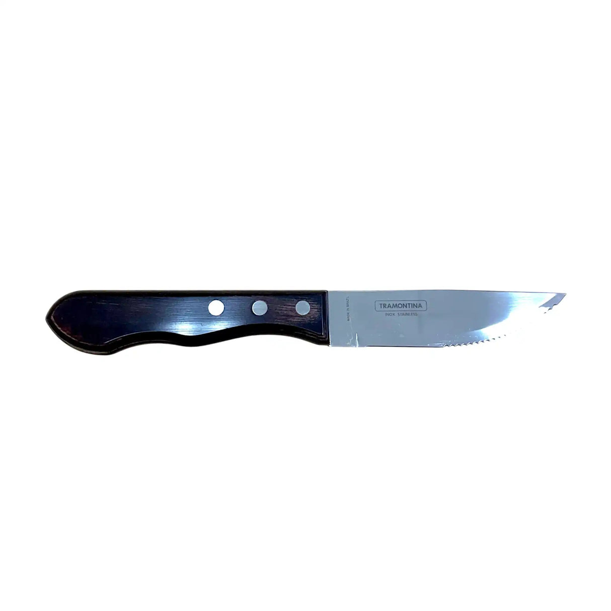 Tramontina stainless steel serrated knife with dark wooden handle for precise meat cutting