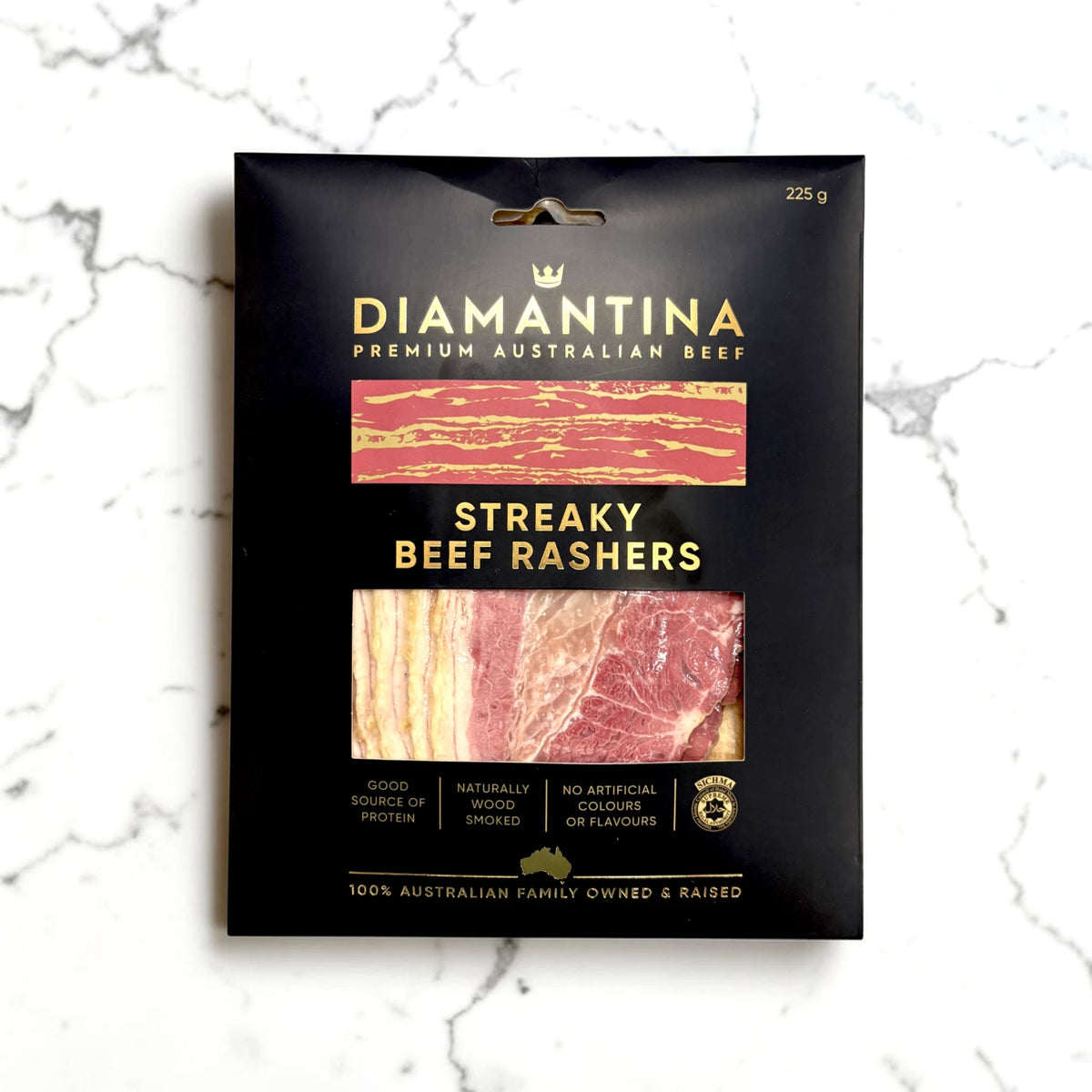 Diamantina Streaky Beef Rashers, premium Australian beef, naturally wood smoked, 225g pack