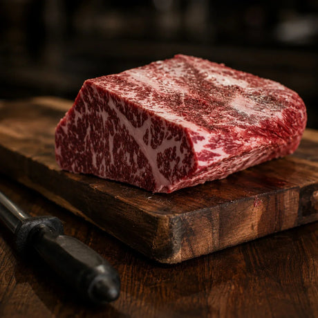 Premium marbled Wagyu beef cut on wooden board from Peter Augustus Craft Butcher