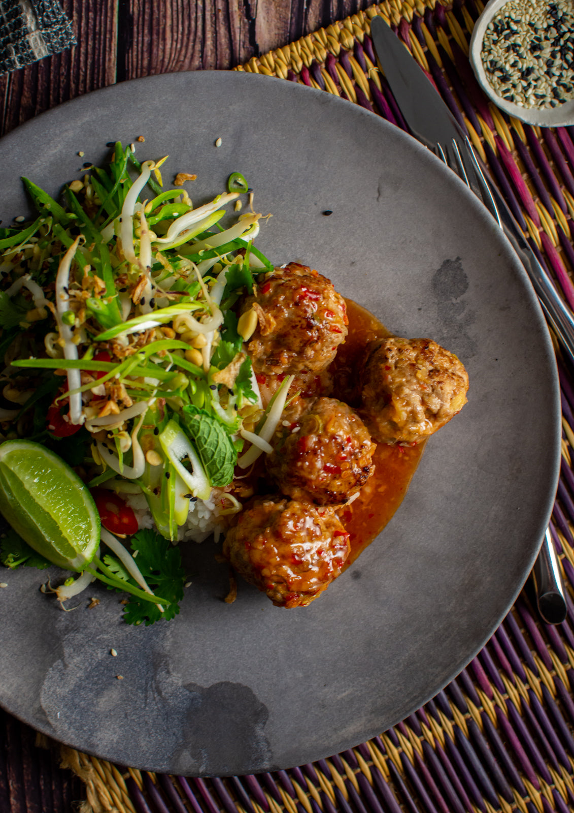 Asian Meatballs With Rice and Beansprout Salad