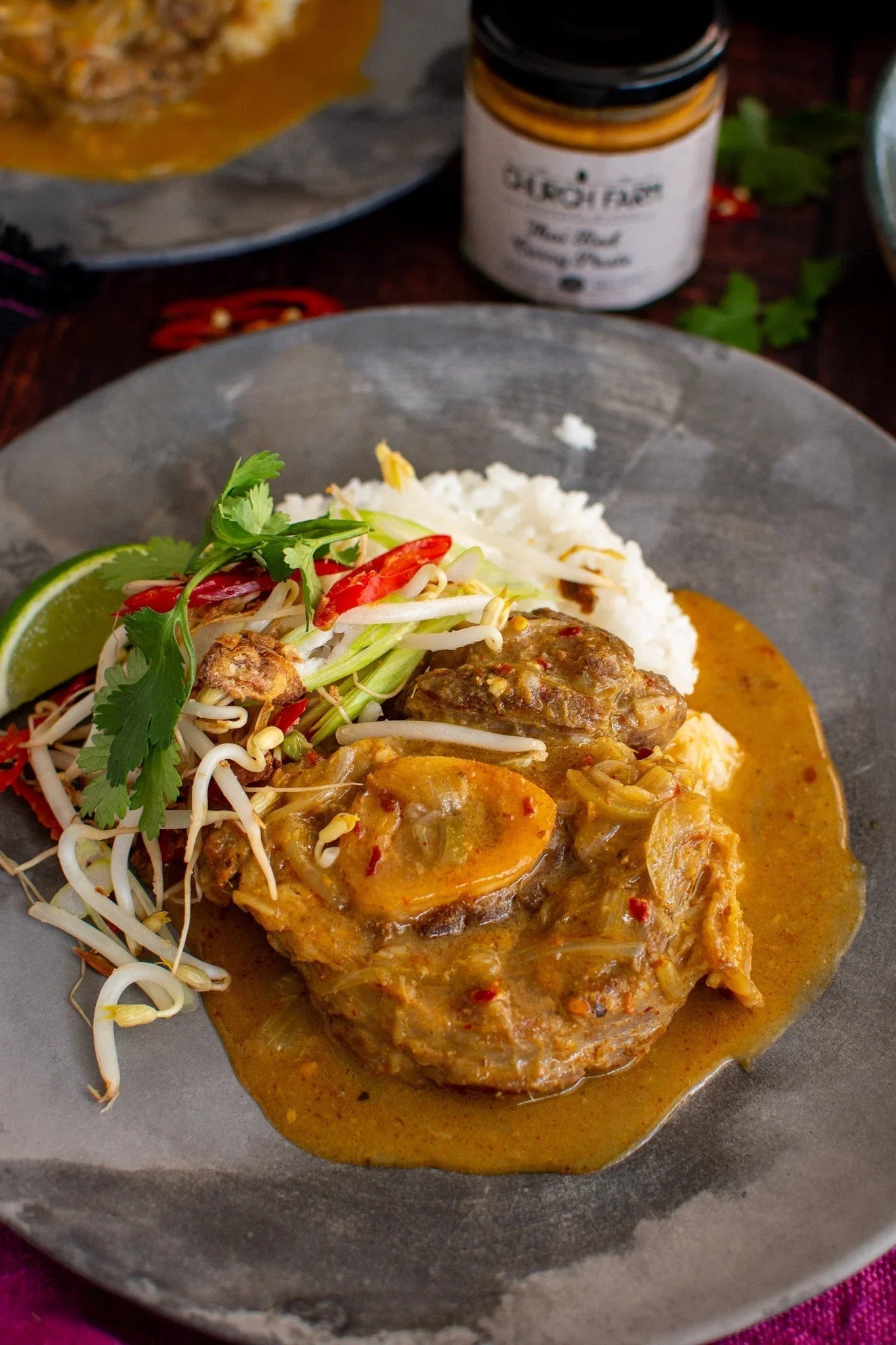 Australian beef curry with rice, fresh herbs, and bean sprouts on a gray plate