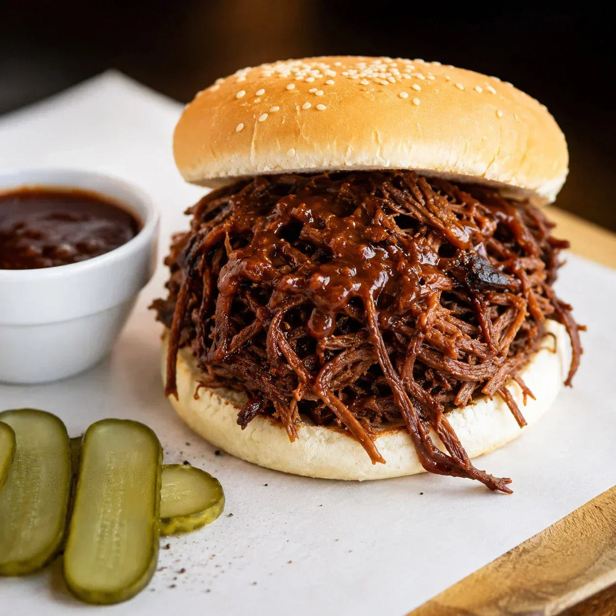 Shredded Australian beef sandwich with barbecue sauce and pickles from Peter Augustus Craft Butcher