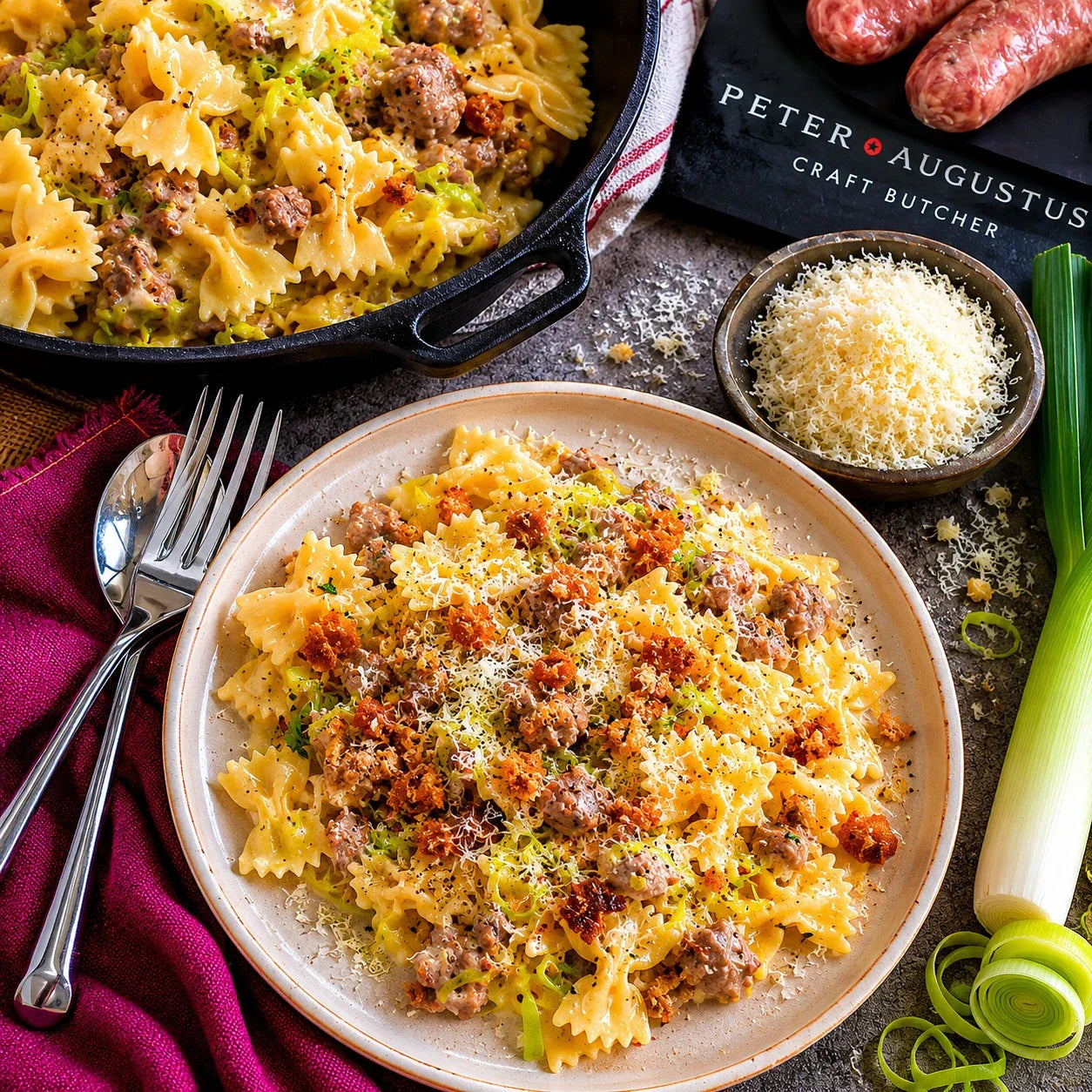 Farfalle pasta with premium sausage and leeks by Peter Augustus Craft Butcher, topped with cheese