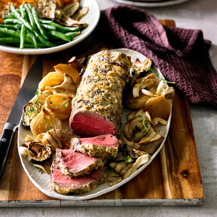 Roast Eye Fillet Log With Horseradish and Mushrooms