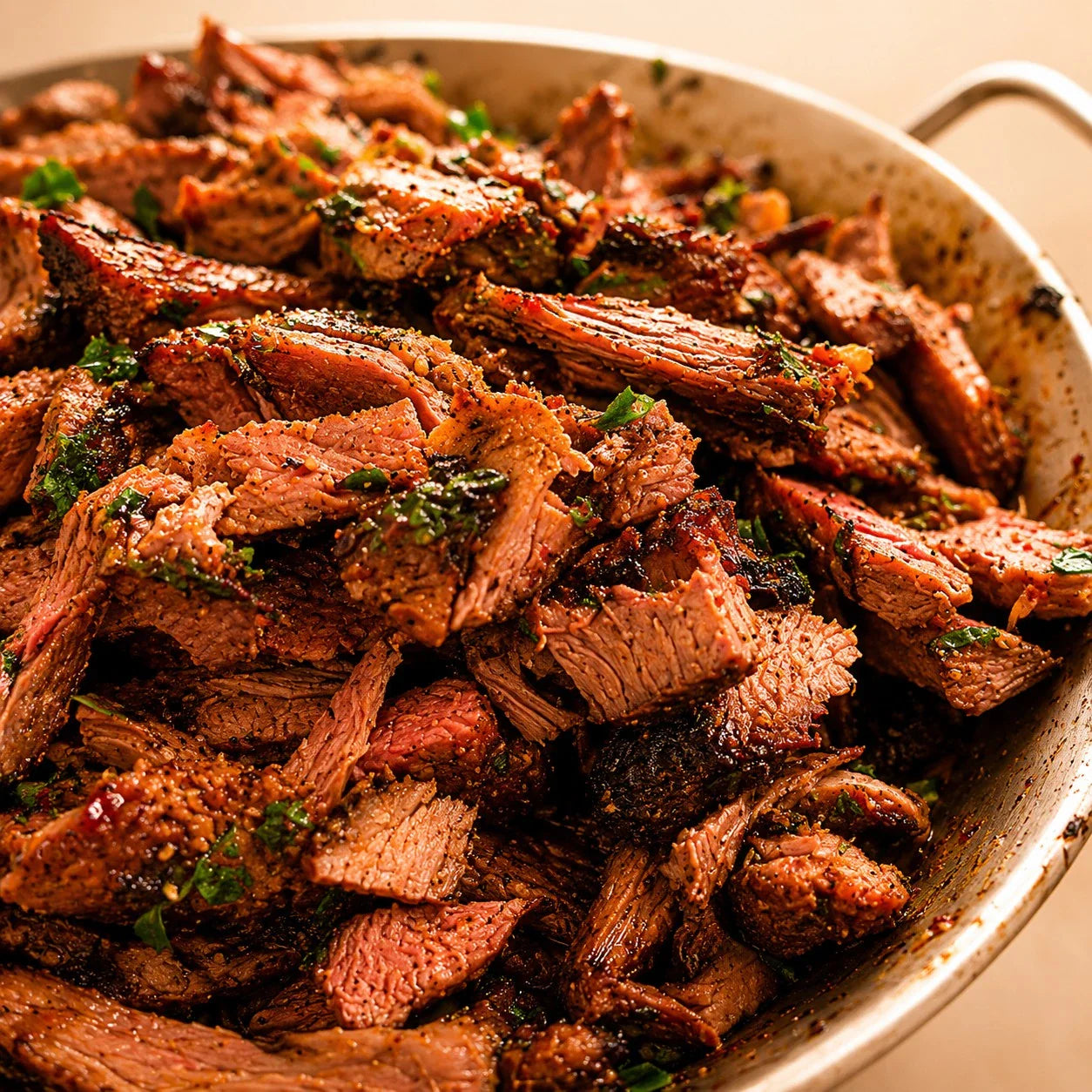 Oven-baked lamb shawarma slices in a metal pan, premium Australian lamb by Peter Augustus