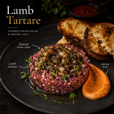 Australian Wagyu beef tartare with flatbread, herbs, and sauce from Peter Augustus Craft Butcher