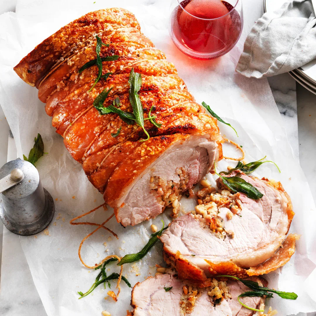 Gourmet rolled roast pork with crackling and herbs from Peter Augustus Craft Butcher