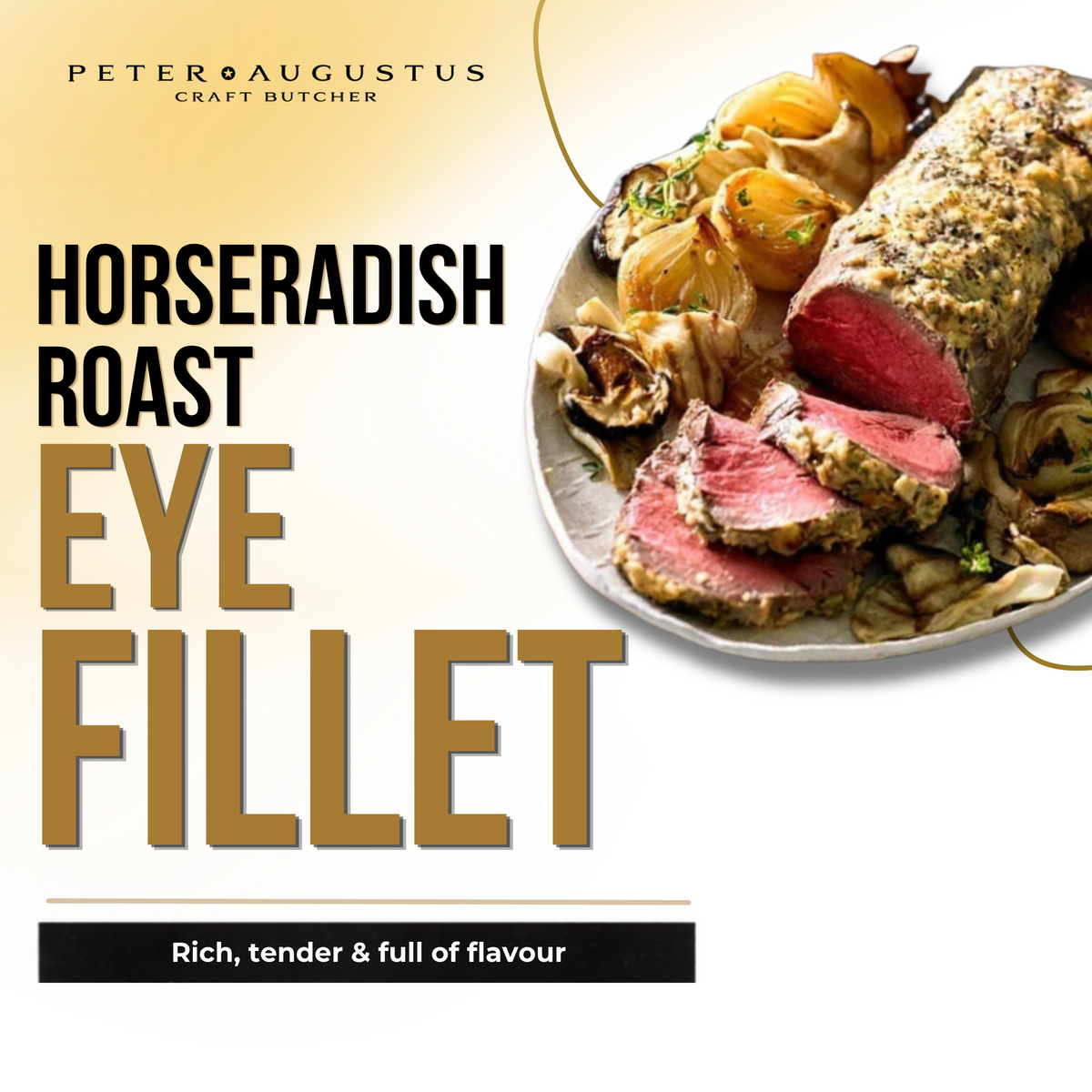 Sliced Australian beef tenderloin roast with roasted onions and mushrooms on platter