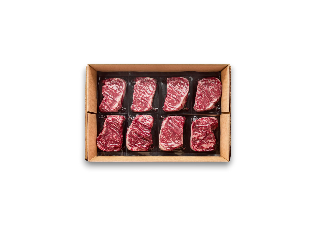 Box of premium Australian Wagyu striploin steaks from Peter Augustus, vacuum-sealed and marbled.
