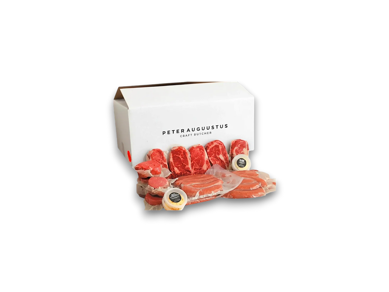 Premium Angus beef selection including steaks, tomahawk, and burger patties from Peter Augustus