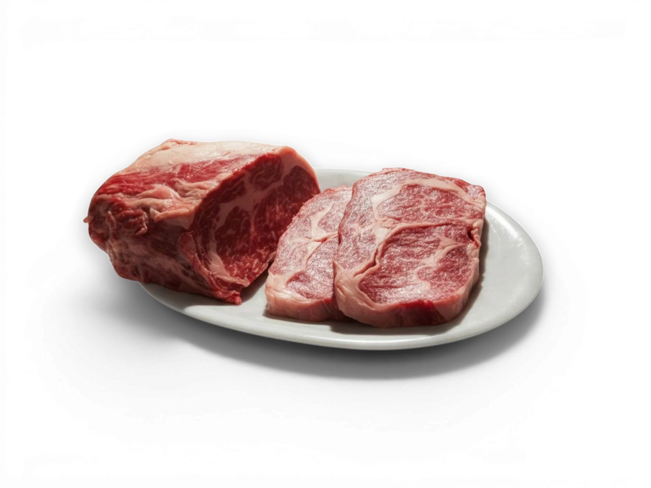 Two pieces of marbled red meat on a white plate with a light gray marble background