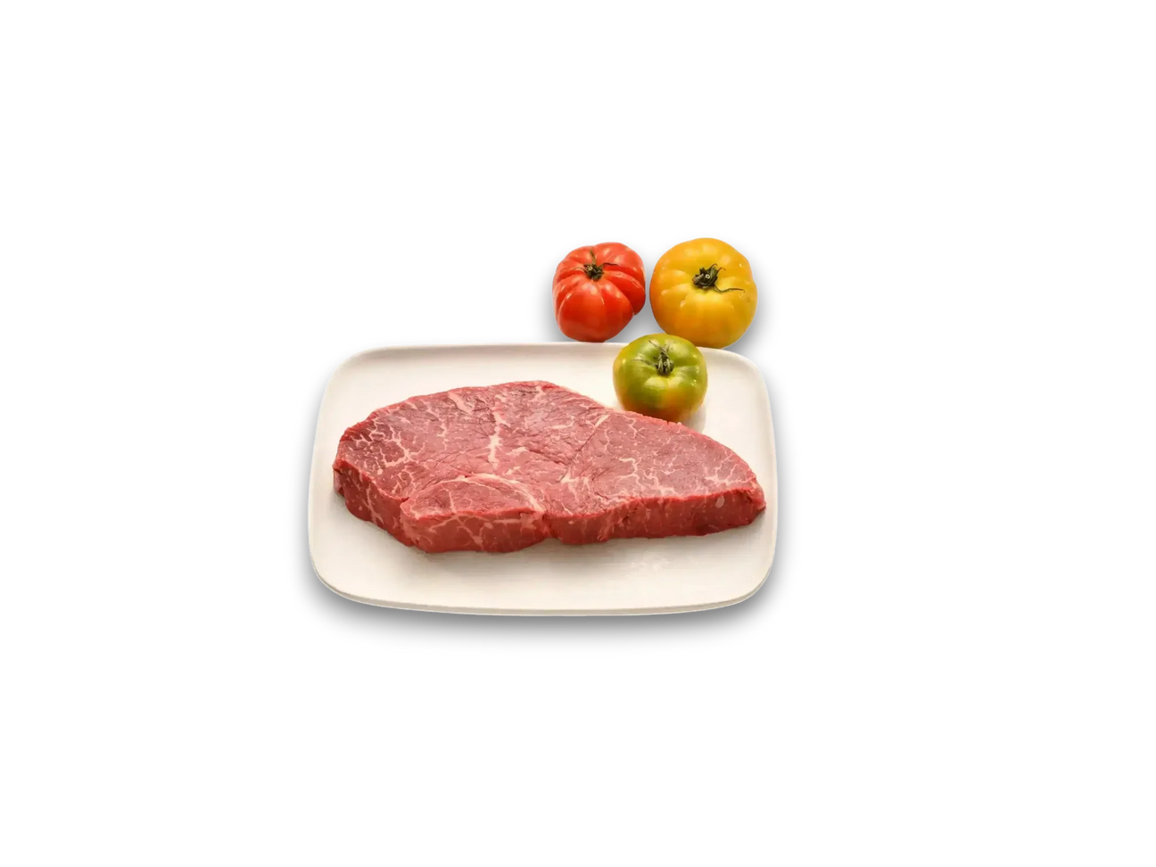 Black Onyx center cut rump steak on plate with heirloom tomatoes, Peter Augustus