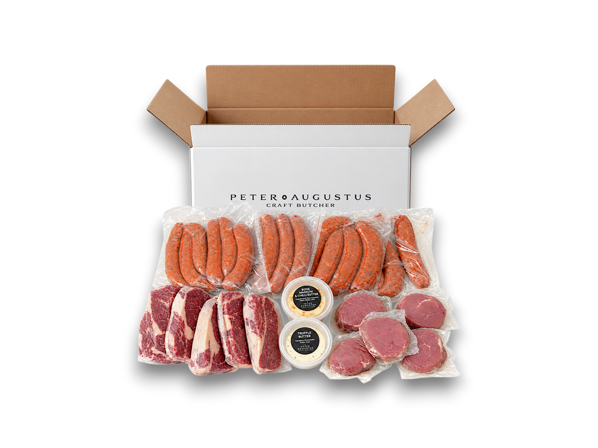 Premium Angus beef selection including steaks, tomahawk, and burger patties from Peter Augustus