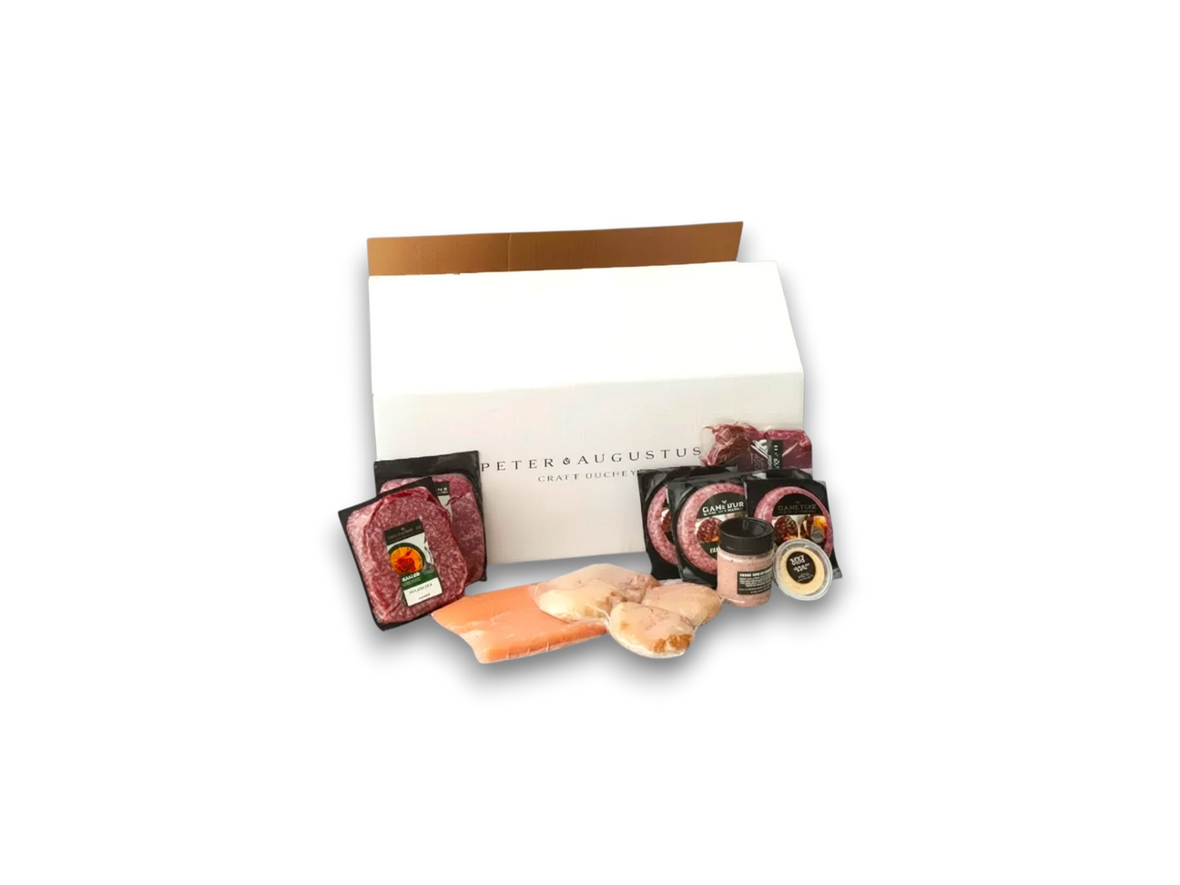 Assorted meats and deli items displayed in front of a 'Peter & Augustus' branded box on a white background.