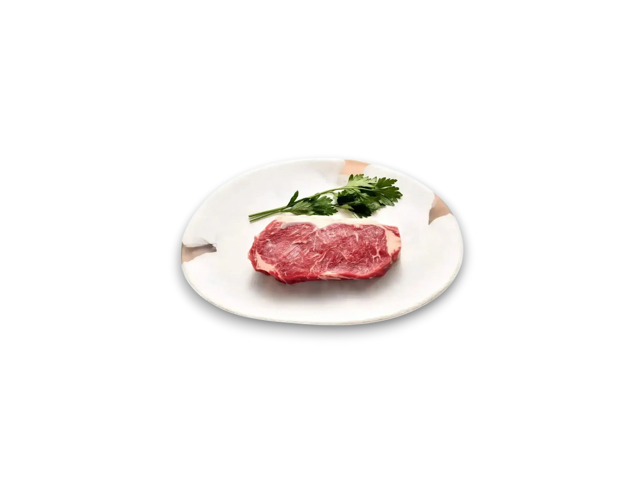 Raw Angus sirloin steak with herbs on a white ceramic plate, marble background