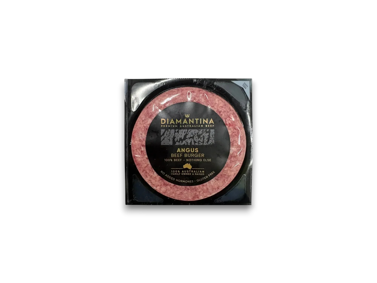 Packaged Angus beef burger from Diamantina on a marble surface