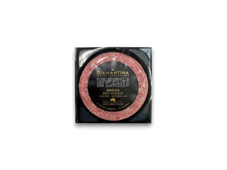 Packaged Angus beef burger from Diamantina on a marble surface