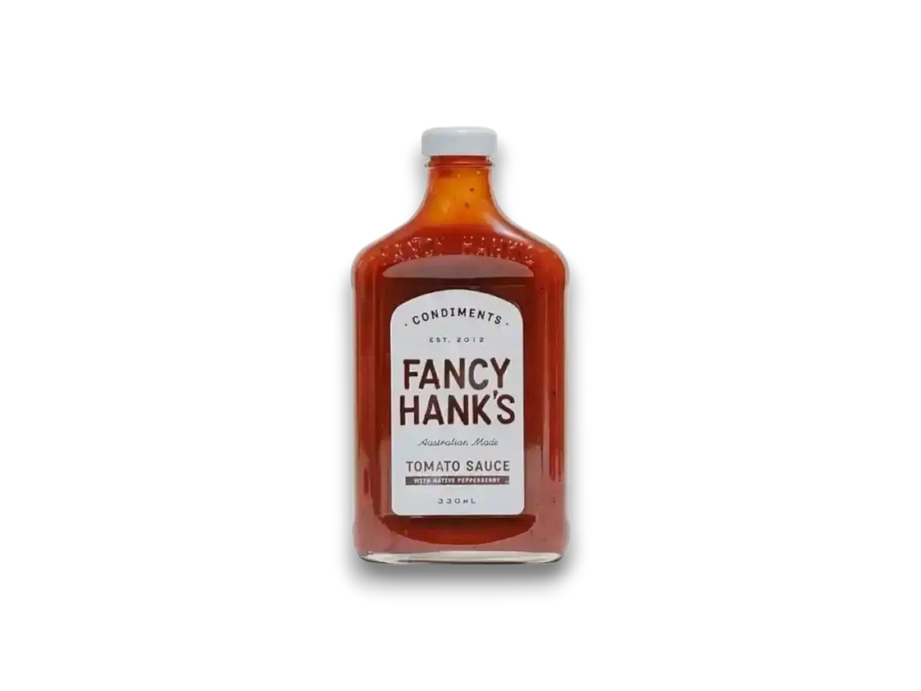 Fancy Hank's tomato sauce in a clear glass bottle with a white label on white background