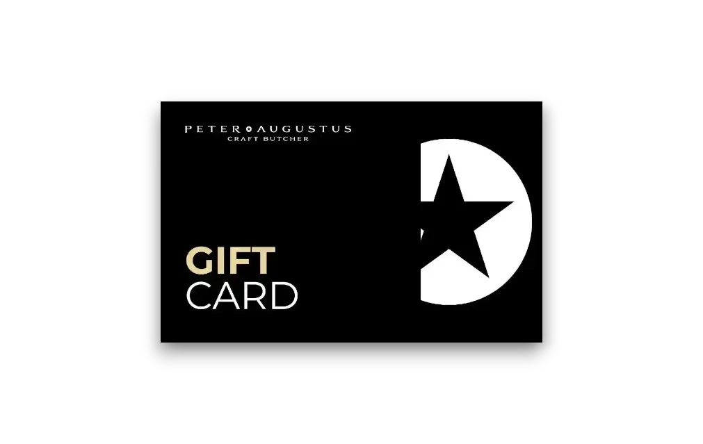 Peter Augustus Craft Butcher black gift card with star graphic and bold logo