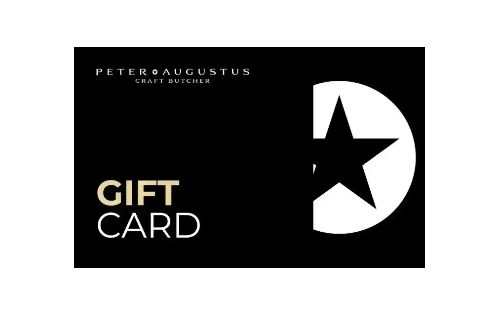 Peter Augustus Craft Butcher gift card with gold and white text and star graphic