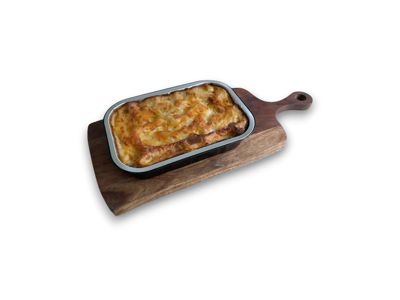 Golden baked beef lasagna in a black tray from Peter Augustus Craft Butcher