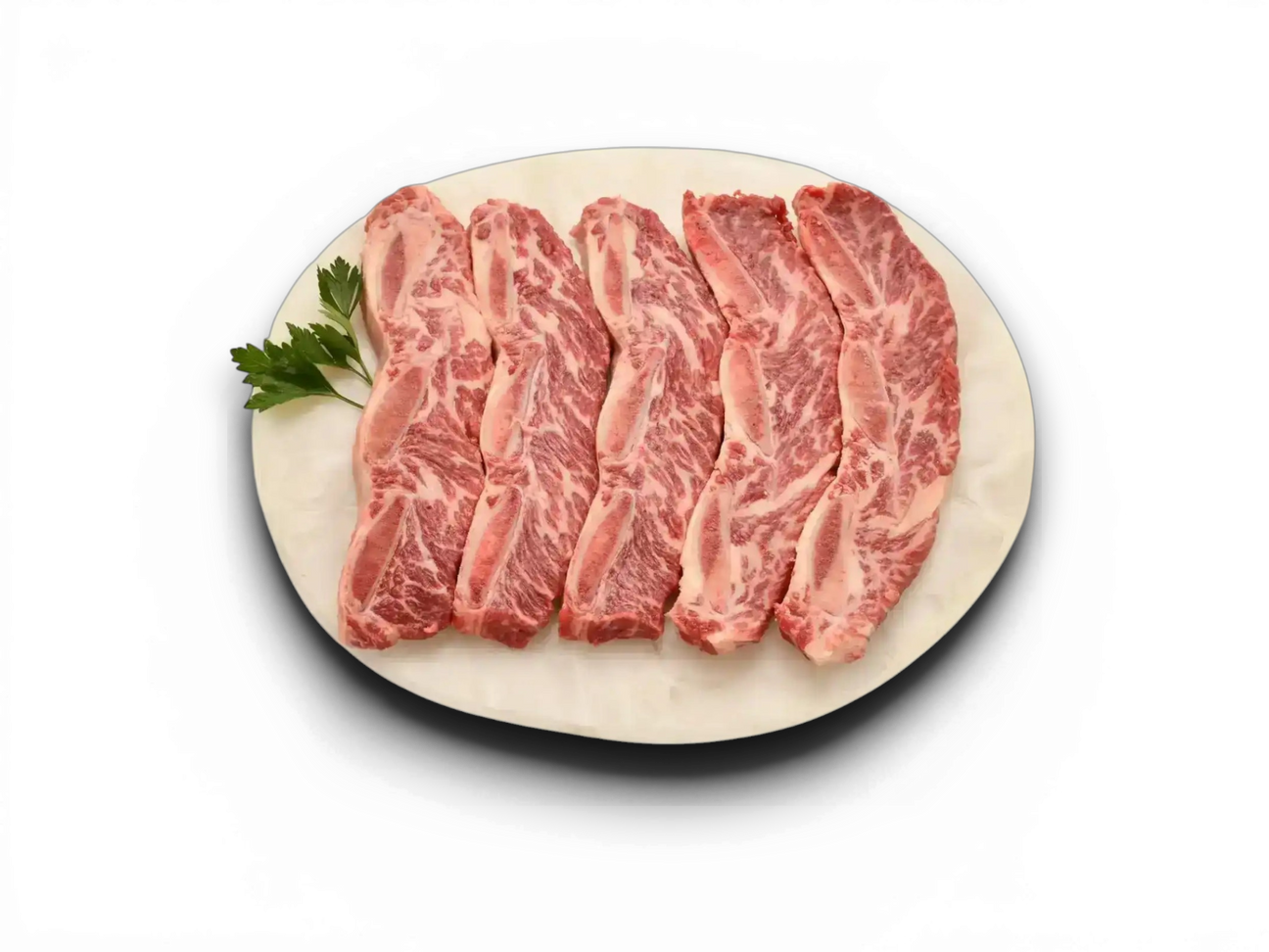 Peter Augustus Angus sirloin steak with fresh parsley on a white plate, premium Australian beef