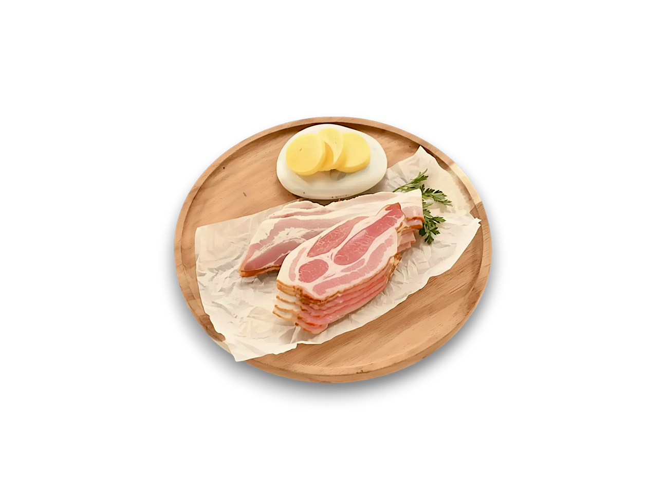 Sliced rindless bacon on parchment with garnish and butter on a wooden serving board