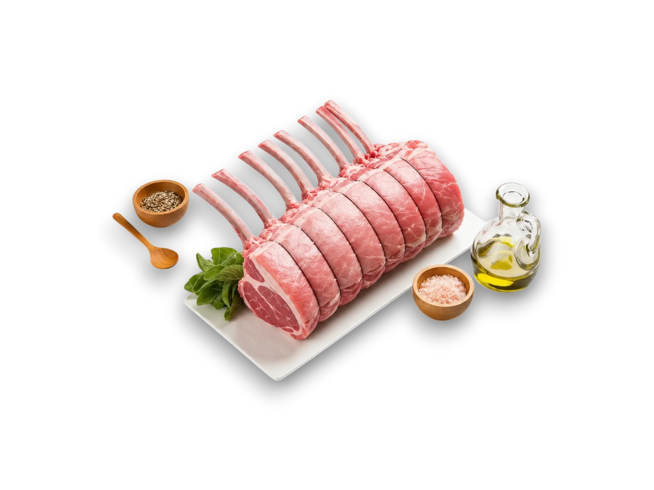 Raw pork rack on a white plate with seasonings and oil on a white background