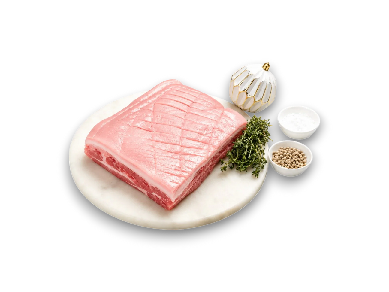 Uncooked pork belly slab on parchment paper with salt and pepper, Peter Augustus Craft Butcher