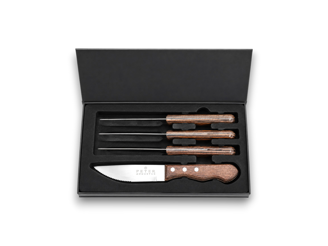 Set of steak knives with wooden handles in a blue case