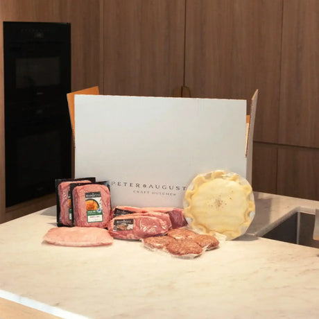 Peter Augustus craft butcher box with premium Australian beef cuts, steak, sausages, and gourmet pie