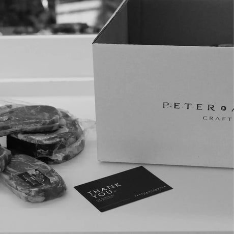 Peter Augustus Craft Butcher delivery box with premium Australian beef steaks and thank you card