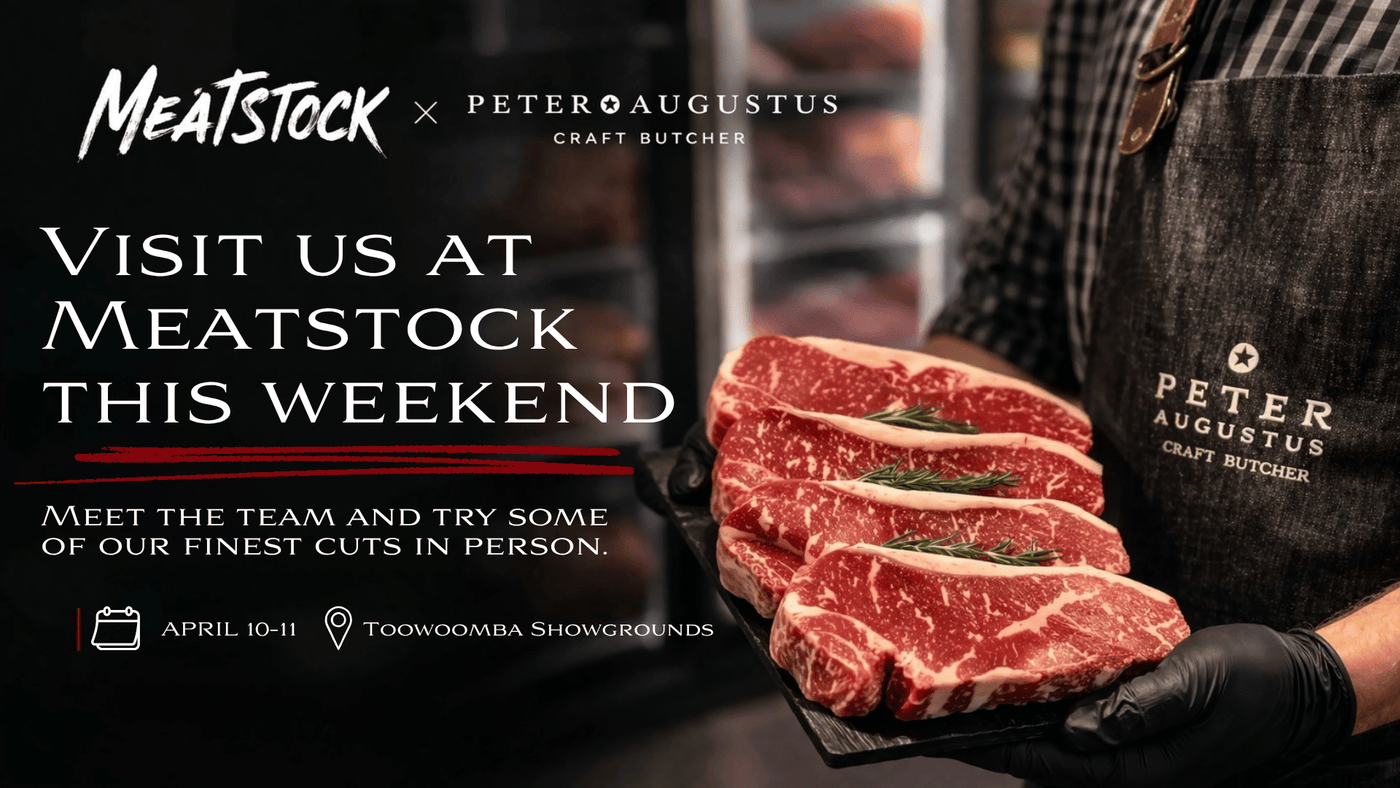 Promotional image for Meatstock featuring sliced meat and a butcher holding it, with branding text overlay.