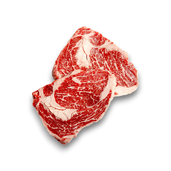 Two pieces of marbled black onyx rib fillet