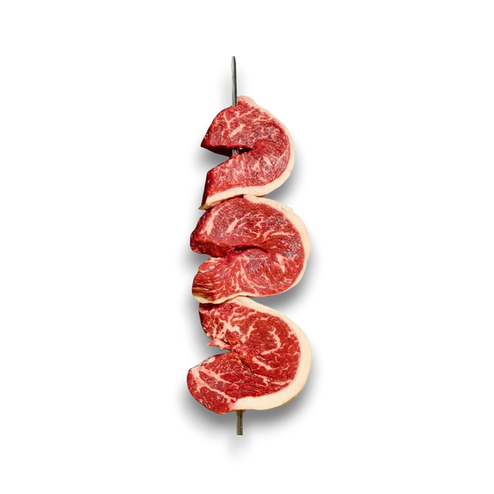Skewer with sliced raw black onyx beef