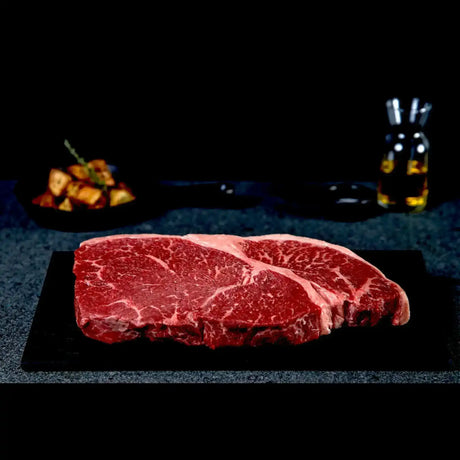 Australian Black Onyx rump steak from Peter Augustus Craft Butcher, marbled and fresh on display