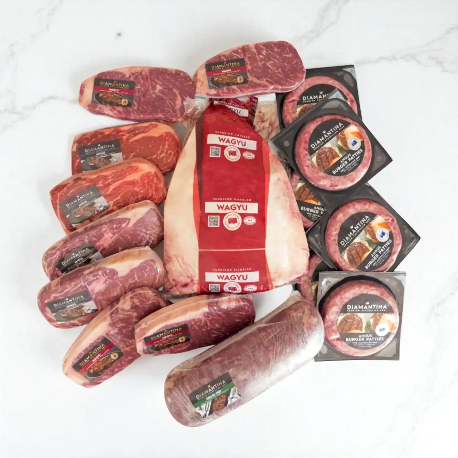 Peter Augustus Diamantina beef sampler box featuring Wagyu, Angus steaks and burger patties