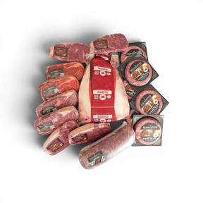 Premium Wagyu, Angus, and grass-fed beef cuts with burger patties, vacuum-sealed for freshness
