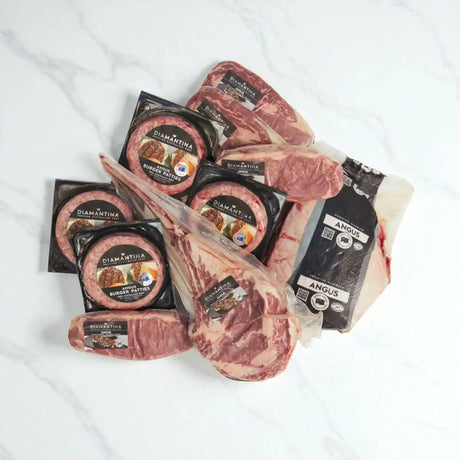 Diamantina Angus beef selection box with steaks, burger patties, and premium cuts from Peter Augustus