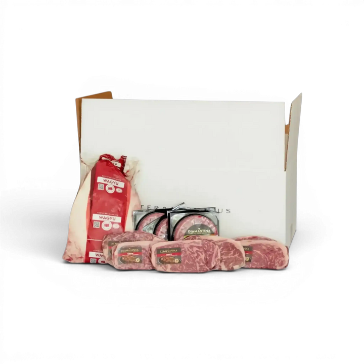 Wagyu beef cuts and steaks in packaging, showcasing marbled meat for premium grilling